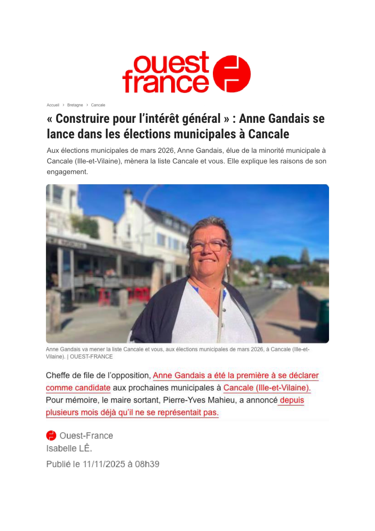 Extrait, Ouest France, "Construire pour l'intérêt général : Anne Gandais se lance dans les élections municipales à Cancale", 11/11/2025