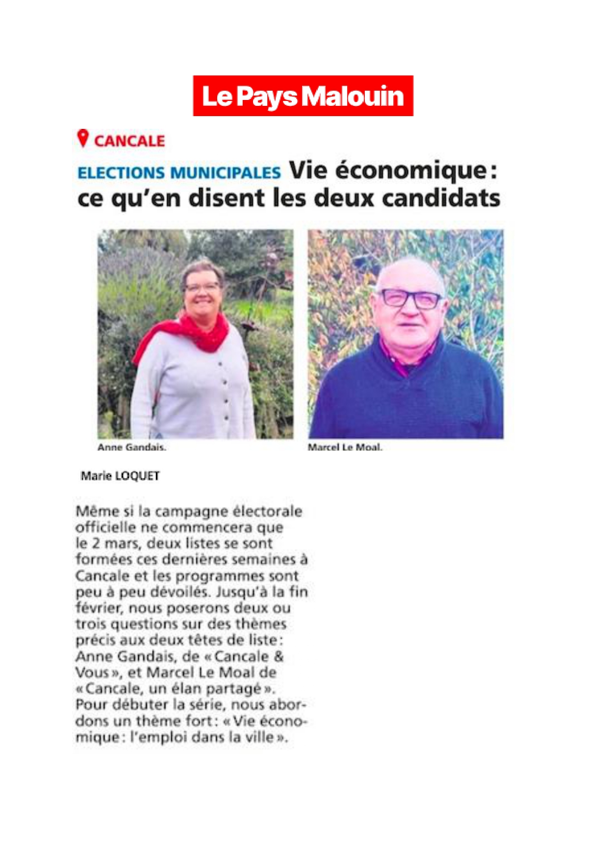 Extrait, Le Pays Malouin, "Elections municipales : Vie économique : ce qu'en disent les deux candidats", 15/01/2026