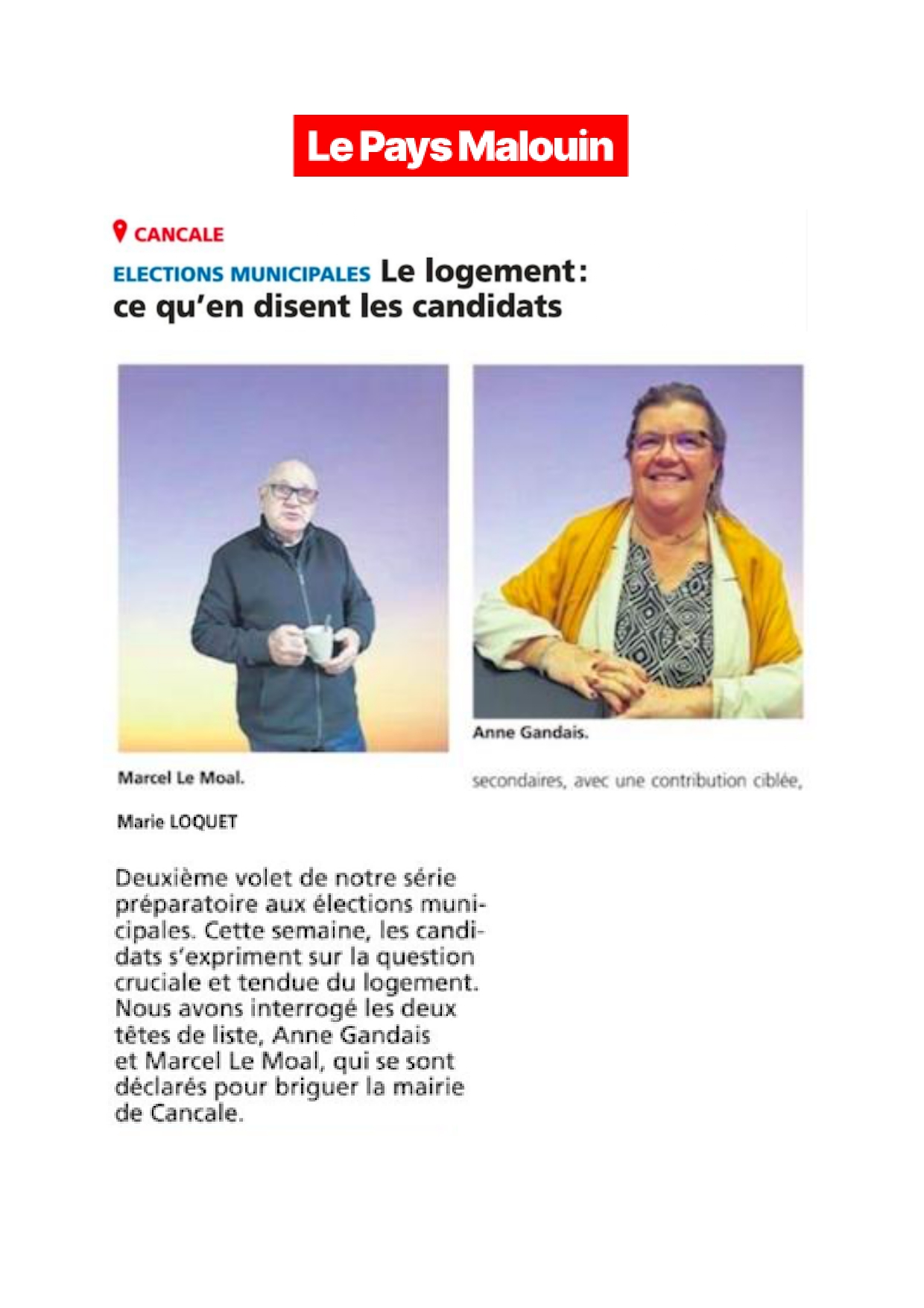 Extrait, Le Pays Malouin, "Elections municipales : Le logement : ce qu'en disent les candidats", 22/01/2026