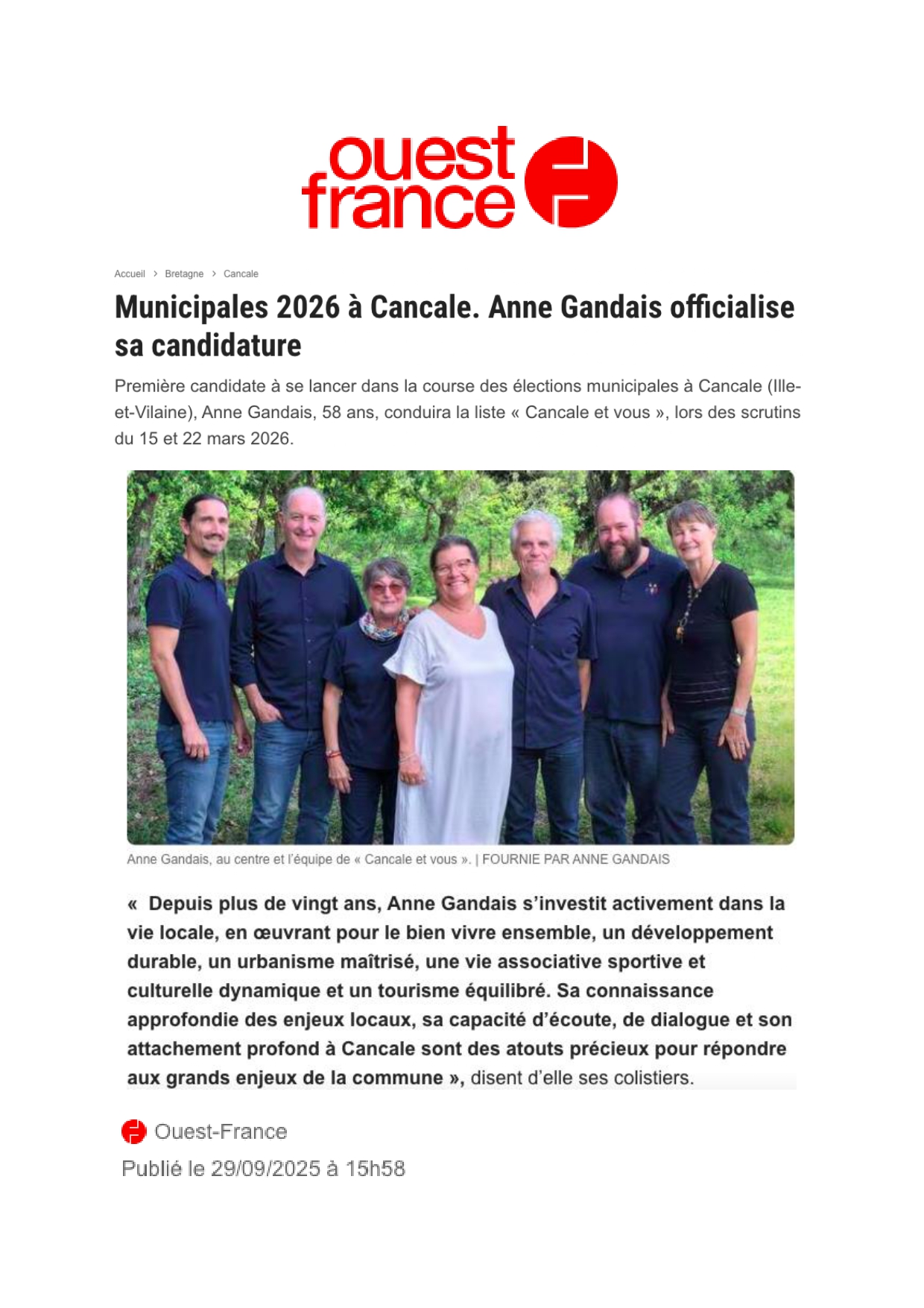 Extrait, Ouest France, "Municipales 2026 à Cancale. Anne Gandais officialise sa candidature", 29/09/2025