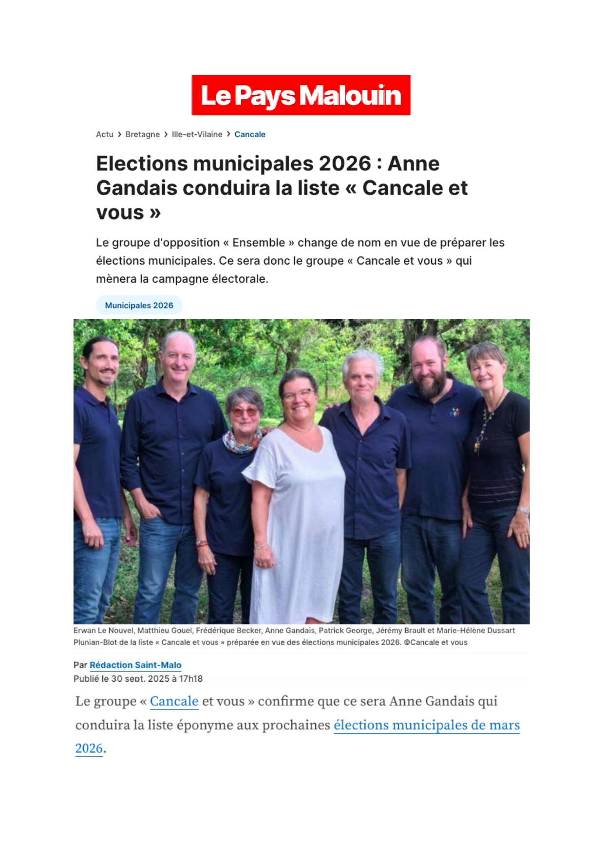Extrait, Le Pays Malouin, "Elections municipales 2026 : Anne Gandais conduira la liste "Cancale et vous", 30/09/2025