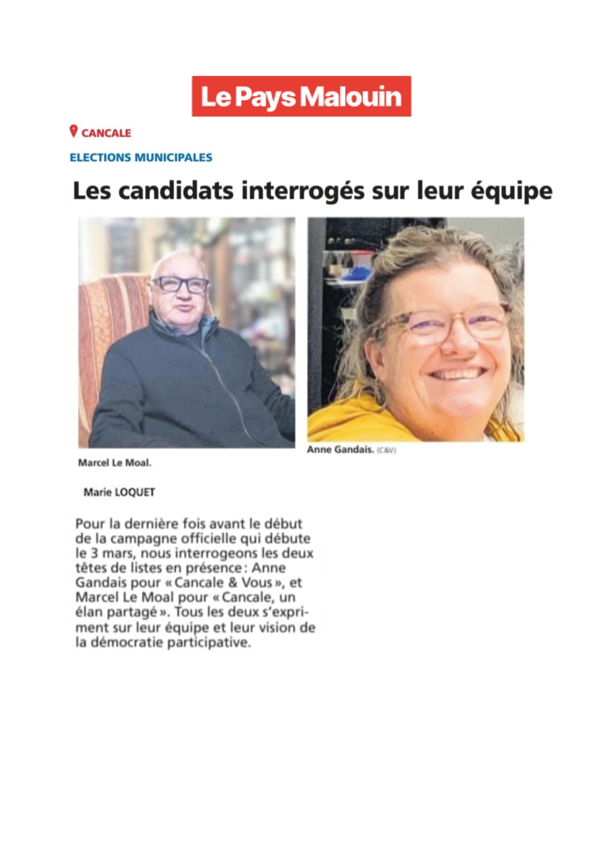 Extrait, Le Pays Malouin, "Elections municipales : Les can­di­dats inter­ro­gés sur leur équipe", 26/02/2026