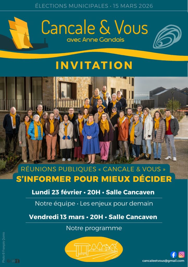 Flyer d'invitation pour les réunions publiques de Cancale & Vous qui auront lieu le lundi 23 février et le vendredi 13 mars 2026 dans la salle Cancaven à 20 heures