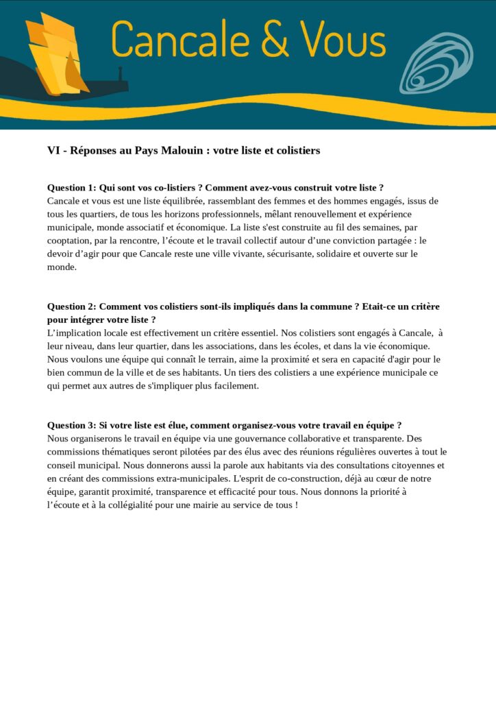 Réponses d'Anne Gandais pour le Pays Malouin. Article sur la liste et les colistiers paru le 26 février 2026.